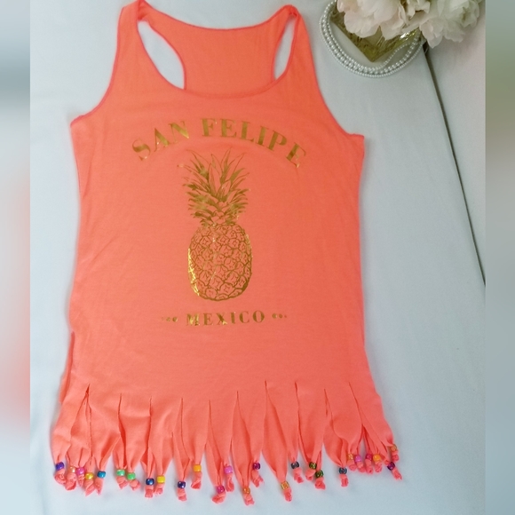 NEW Neon Orange Beaded Fringe Hem Racerback Tank Top / Swimsuit Coverup … - Picture 3 of 10